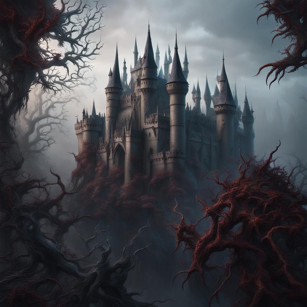 Gothic Castle Covered in Thorns in Mist