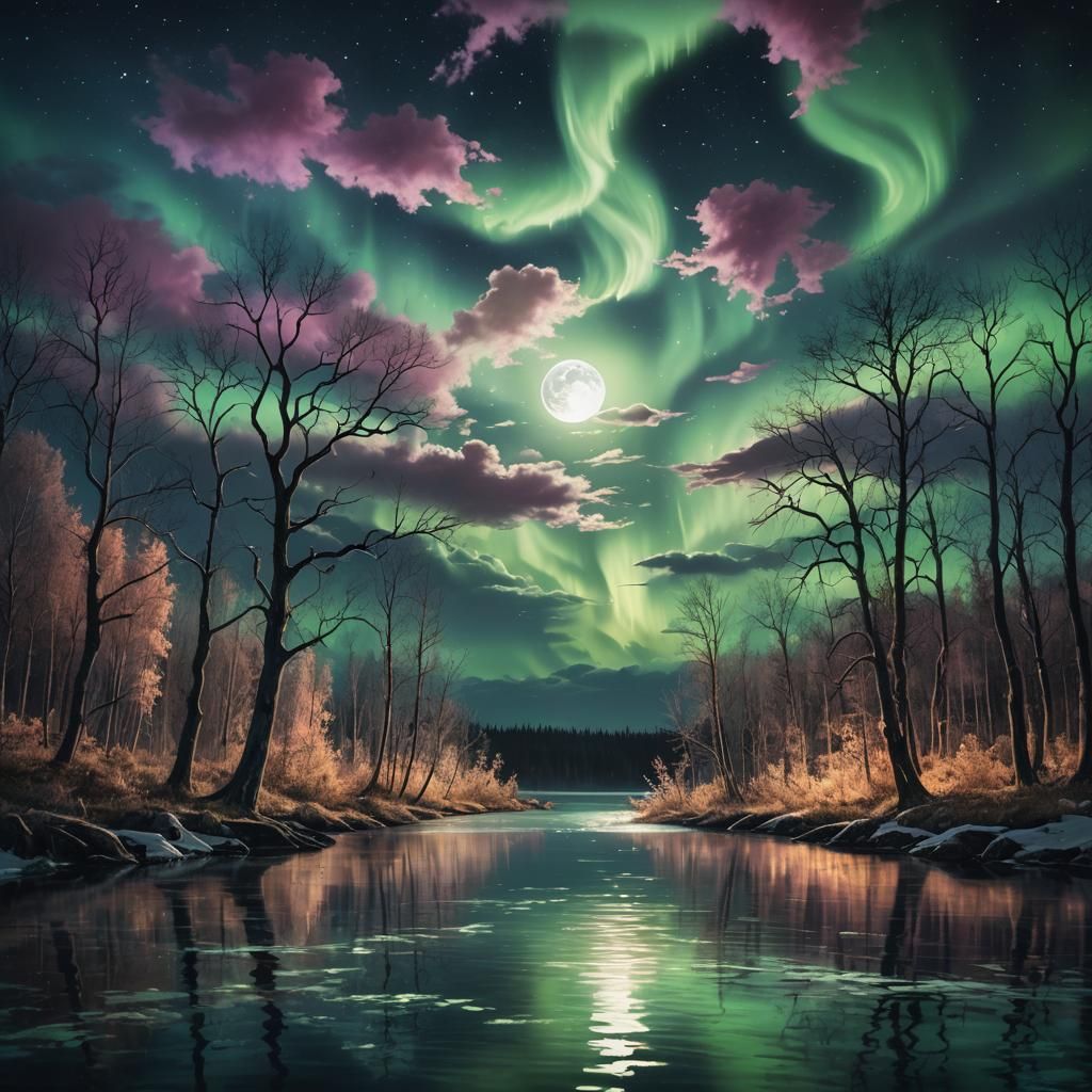 Fantasy Landscape: Moonlit Aurora Over Lake