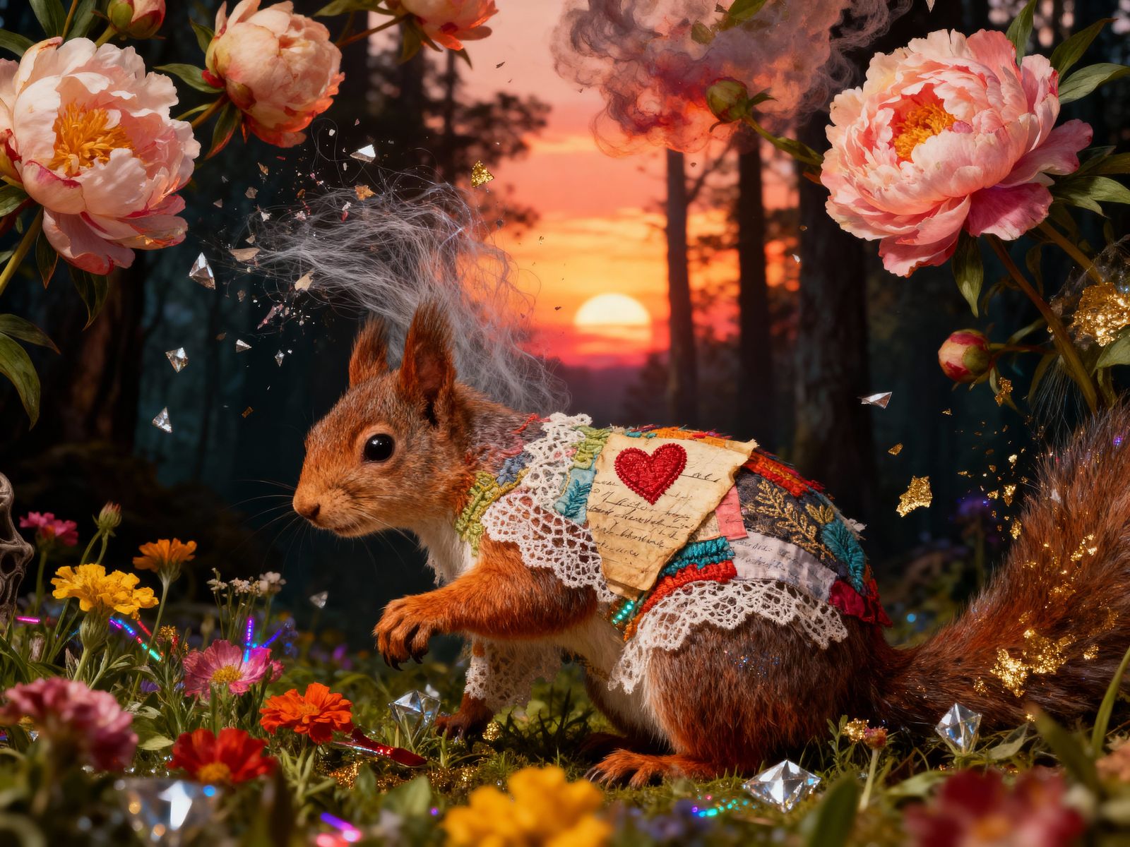 Bio Art Squirrel Collage in Forest with Peonies