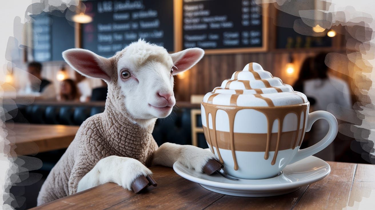 Lamb's Jittery Coffee Shop Visit in Watercolor Style