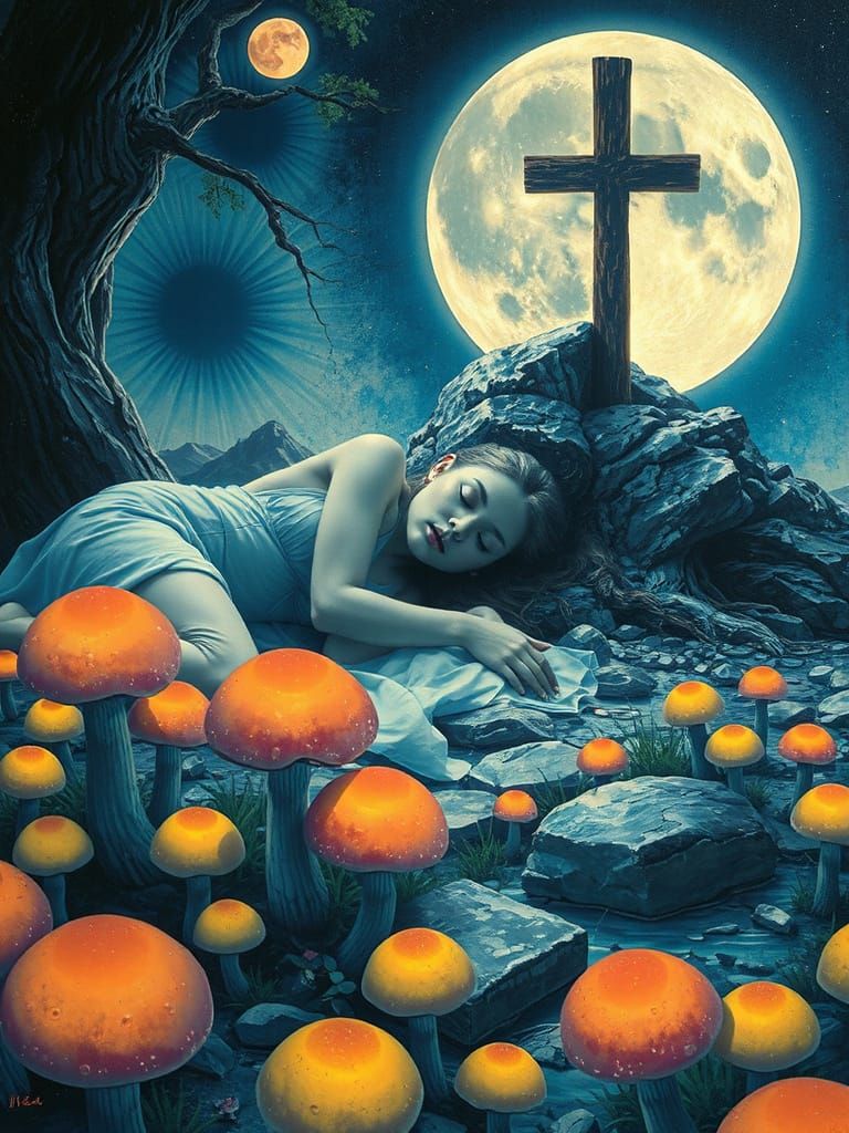 Ancient Goddess Sleeps Among Giant Bioluminescent Mushrooms