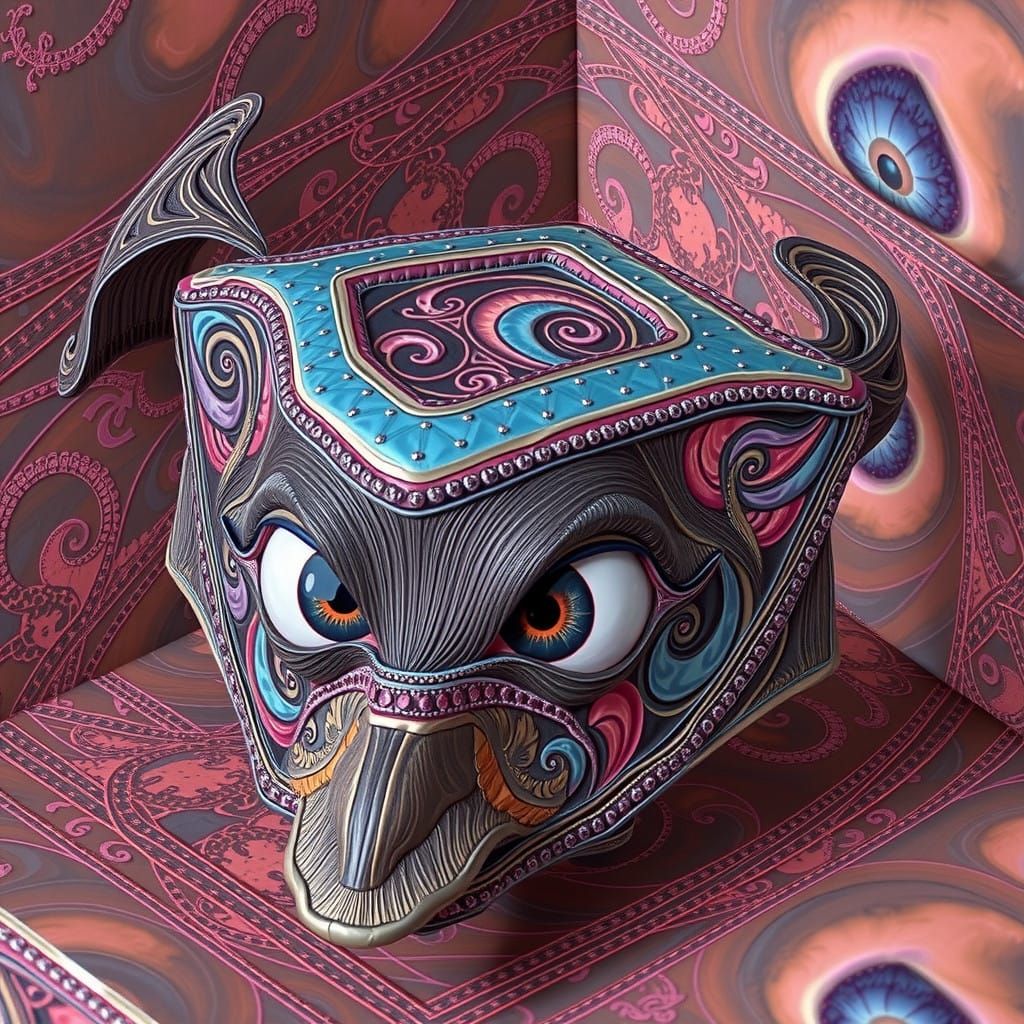 eyes darkly soft clothing 3D origami fractal chromoshadow visible on a wall Is a timebomb ticking? impasto trompe l'oeil...