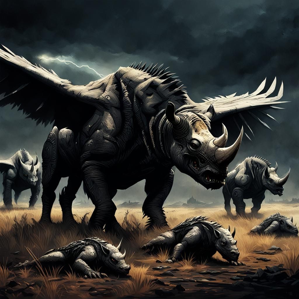 Mutant Falcons Over Injured Rhino in Biomechanical Style