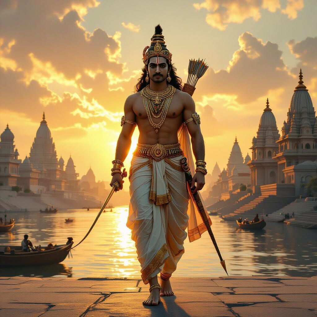 Prince Rama on Ayodhya's Skyline in Mythological Style