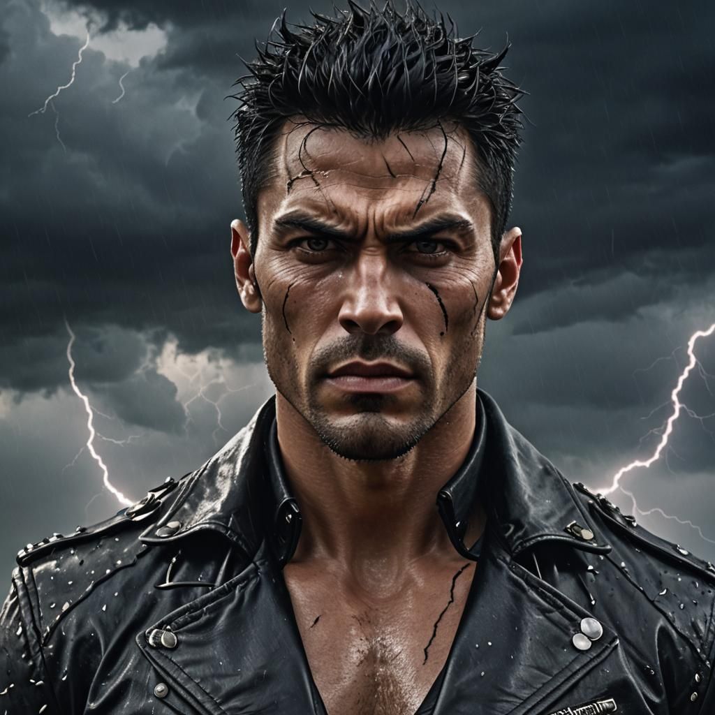 Dark Fantasy Portrait of Stern Man in Stormy Sky