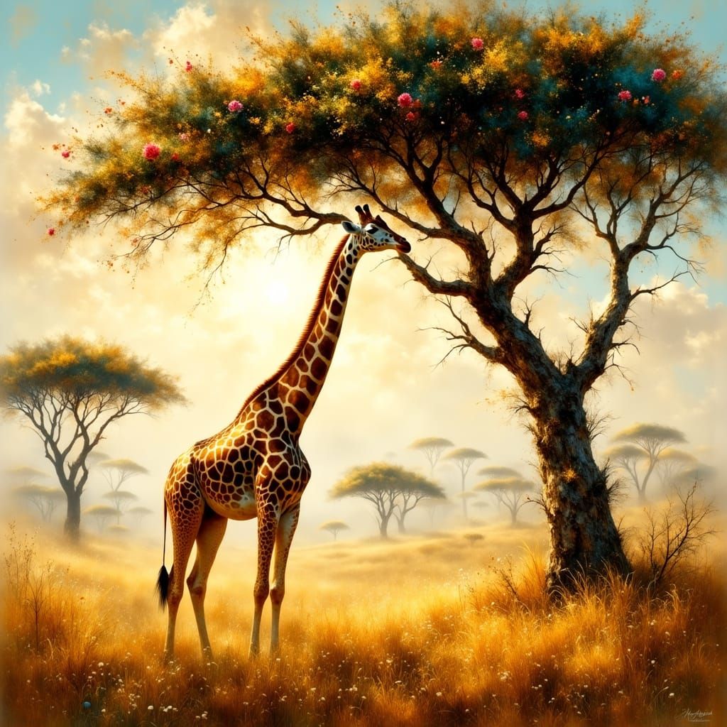 Ethereal Serengeti Savannah Scene with Giraffe and Mimosa Tr...