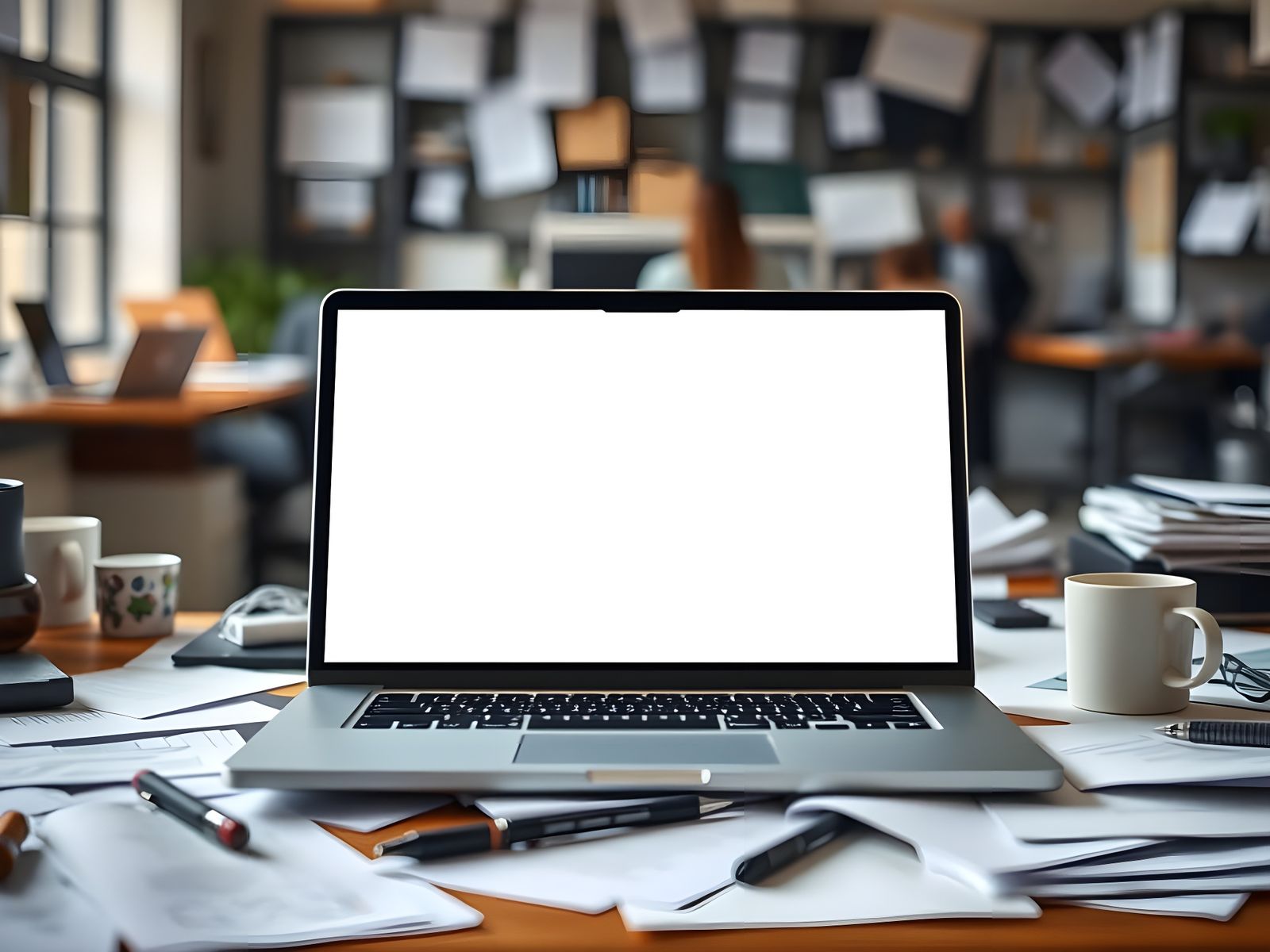 Sleek Laptop Amidst Cluttered Workspace
