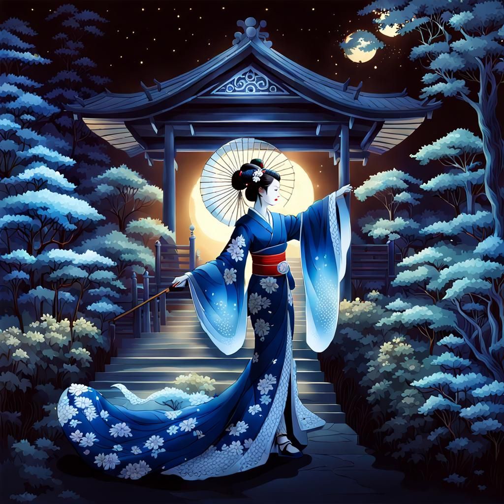 Ethereal Geisha in Gothic Japanese Garden at Night