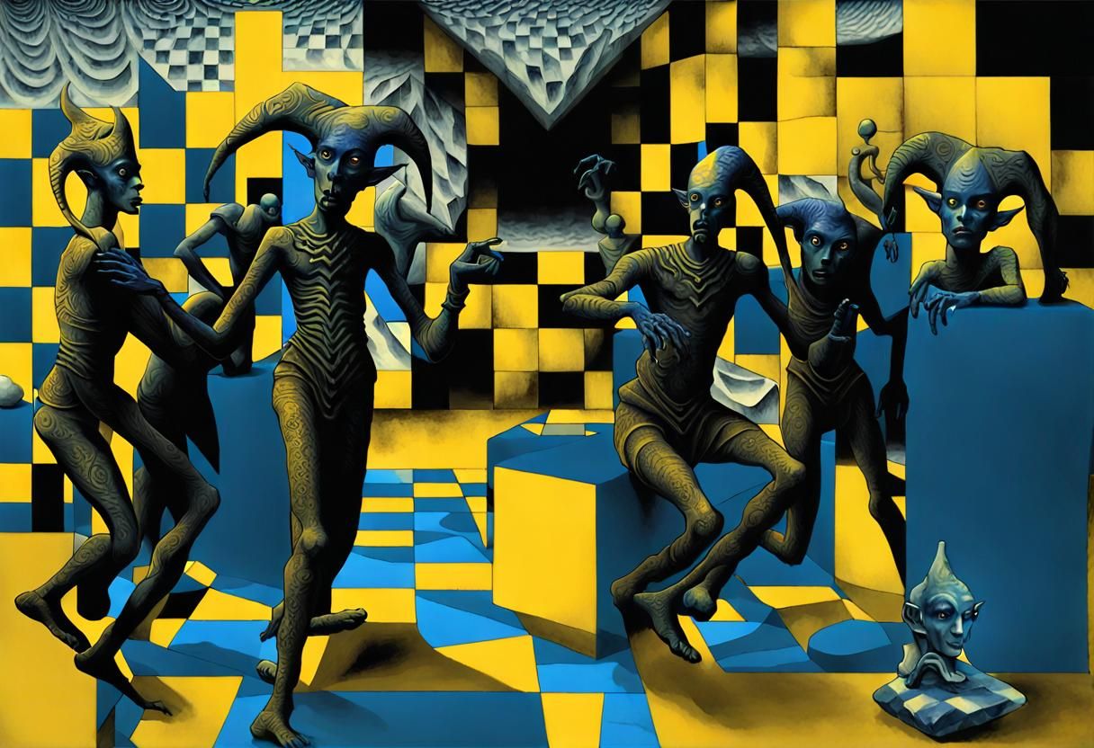 black elves "mukuku"dancing frenetically, DMT art, H.R. GIGE...