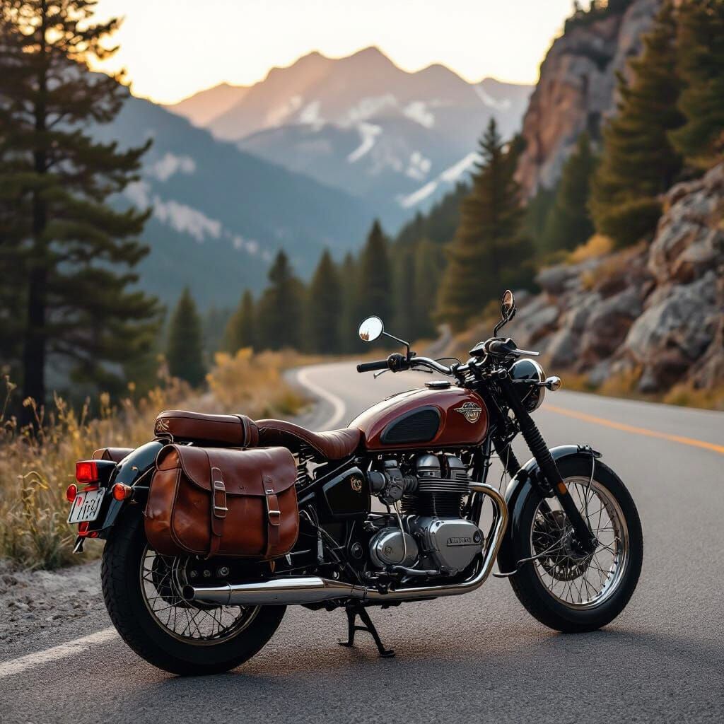 Vintage Motorcycle on Mountain Road at Golden Hour