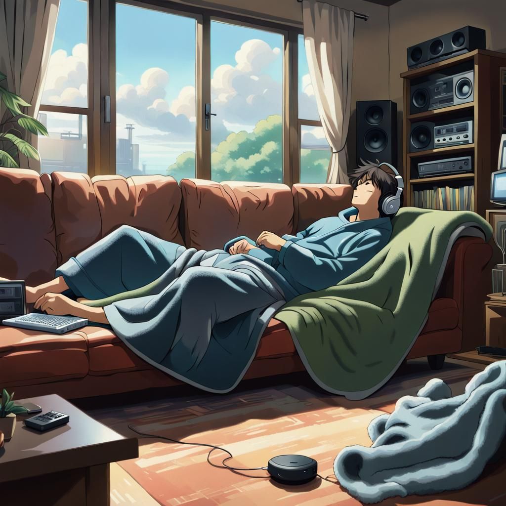 Relaxed Man Listening to Music, Anime Style