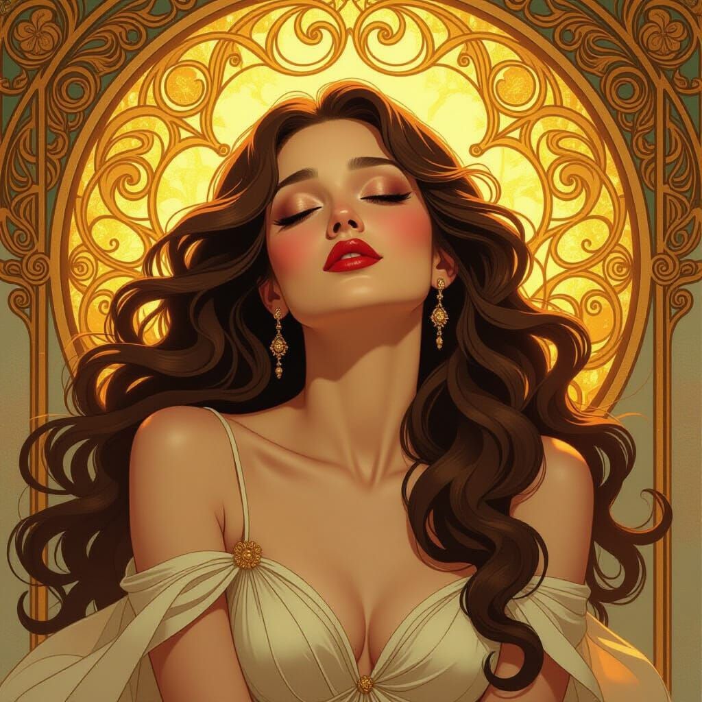 Emotional Woman in Art Nouveau Style with Golden Light