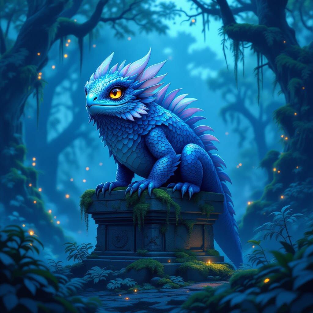 Mythical Whopperjaw Creature in Bioluminescent Forest