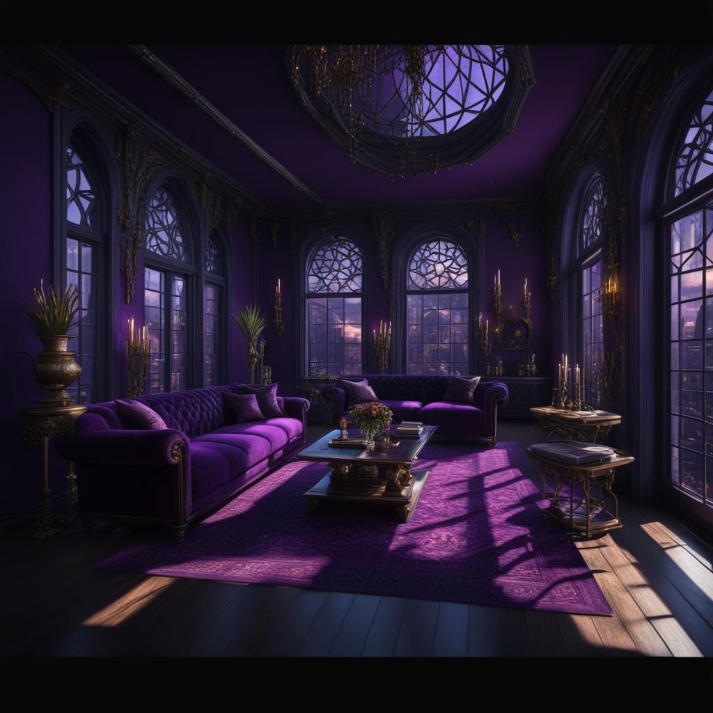 Witchy Wiccan penthouse with dark purple walls& hyperdetaile...