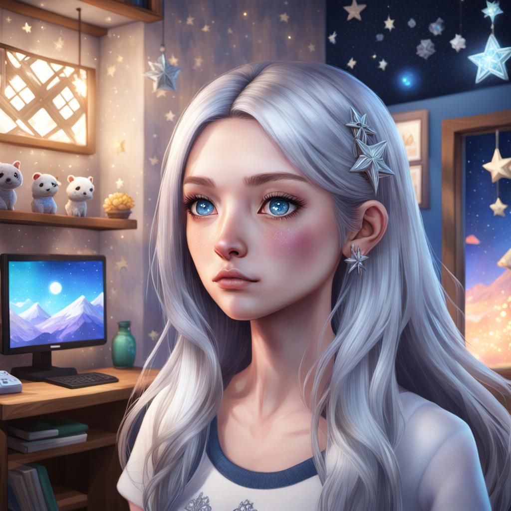 Gamer Girl in Hyperrealistic Star-Filled Room