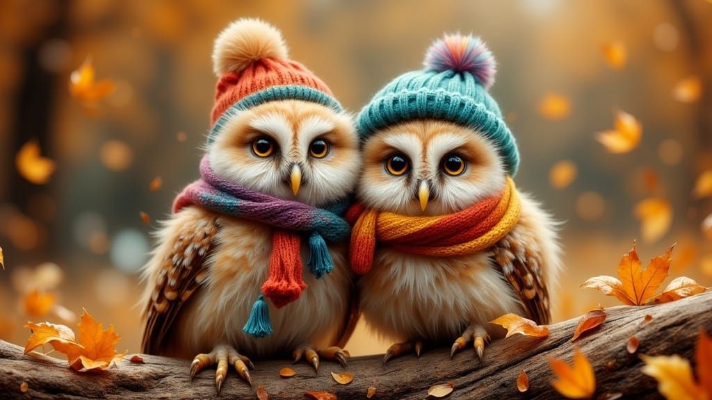 Whimsical Owls in Autumn Landscape with Winter Hats