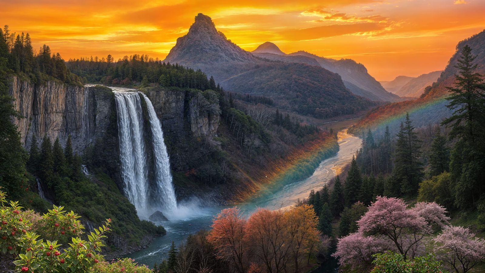 Surreal Valley Landscape with Majestic Waterfall and Rainbow