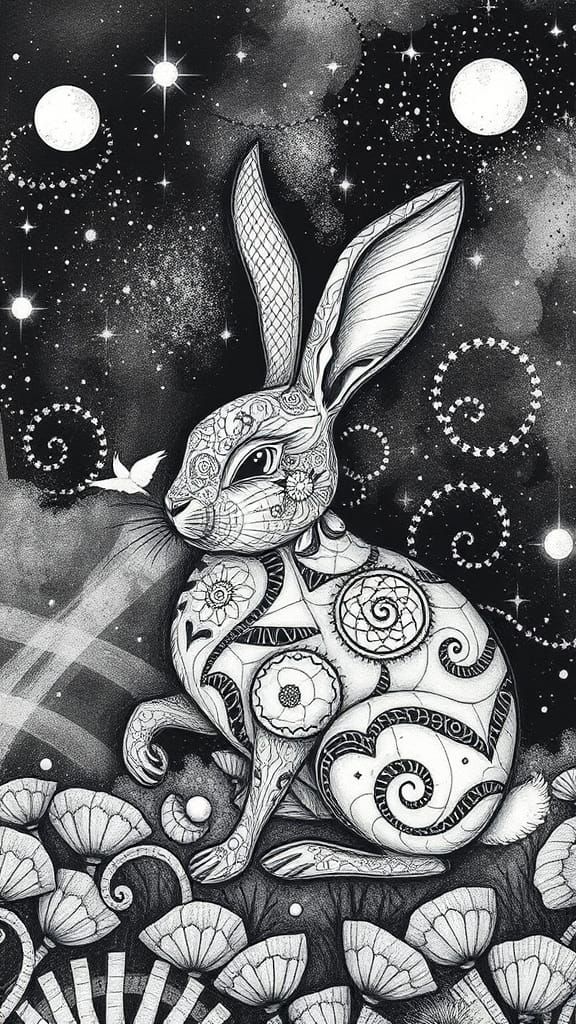 Zentangle Rabbit Dreamscape in Surrealist Style