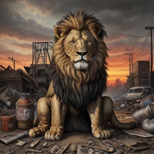 Post-Apocalyptic Lion Tamer in Junk-Land Sunset