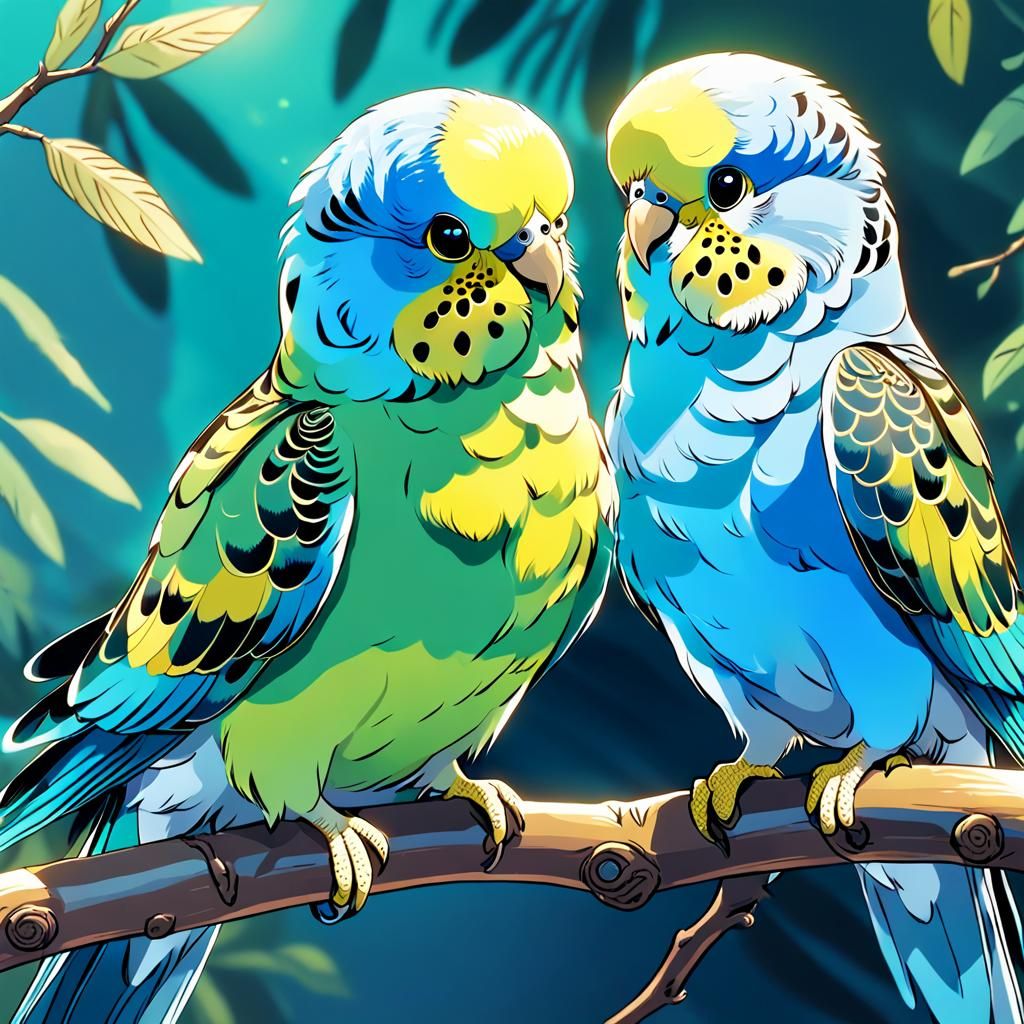 Two Budgies in Anime Style, Close-Up