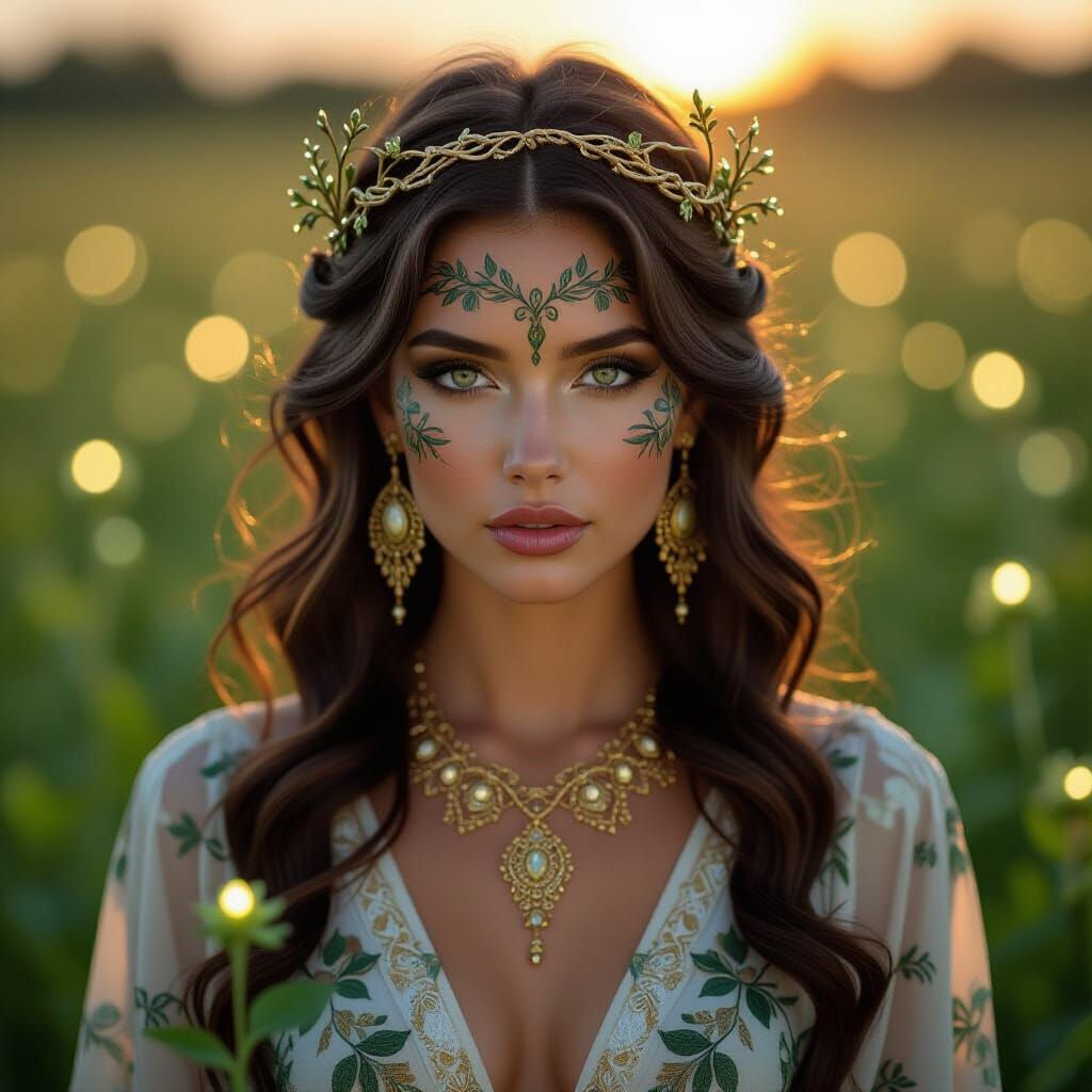 Mystical Woman with Bioluminescent Flora, Art Nouveau Style