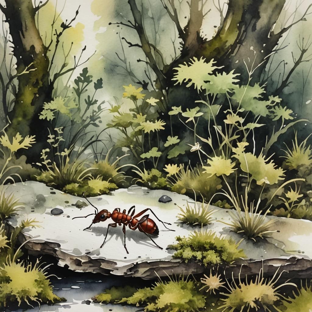 Ant on Moss: Macro Ink Wash Painting