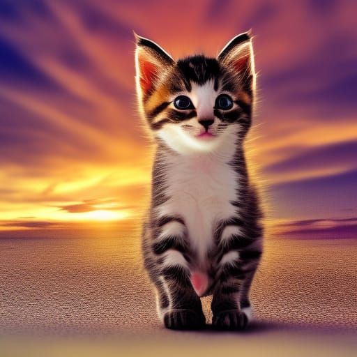 Detailed Kitten Stretching at Colorful Sunrise