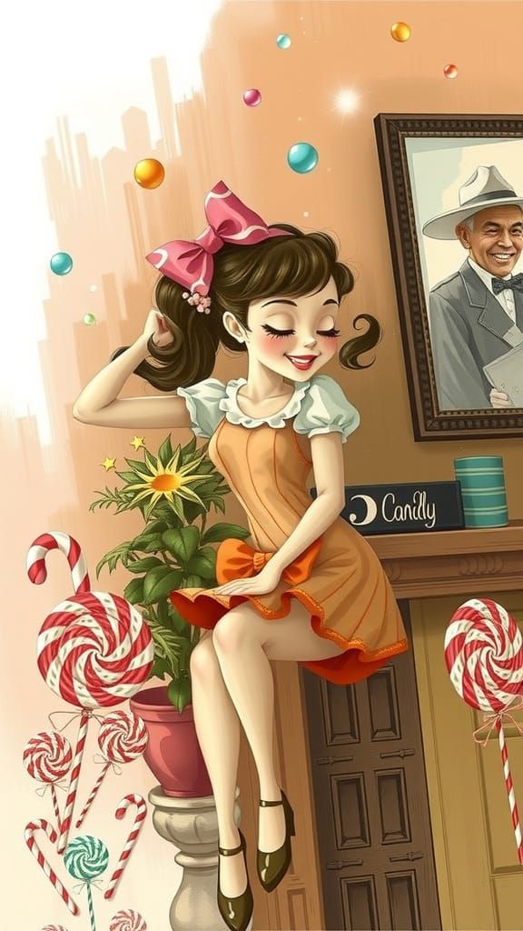 Cartoon Girl in Candy Wonderland: A Retro Art Scene