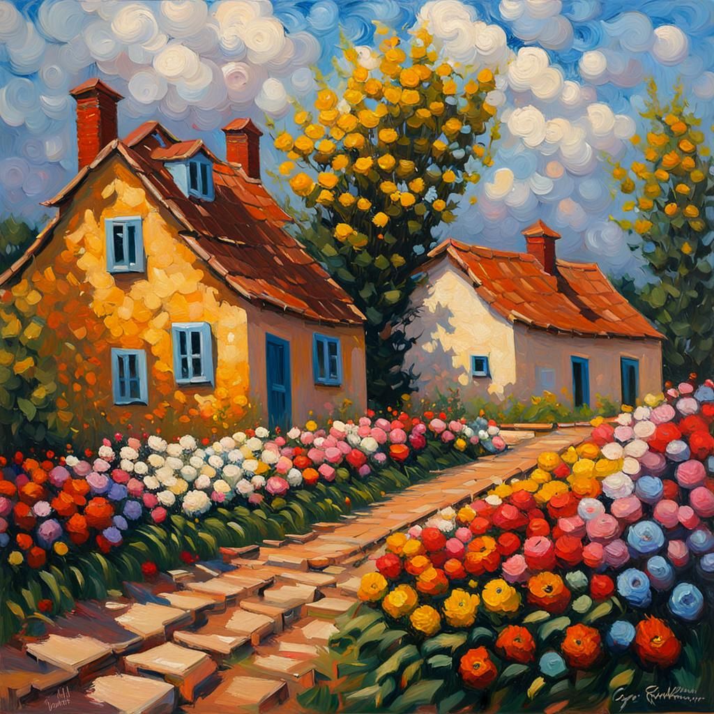 Flower Tornado in Village, Expressionist Oil Painting