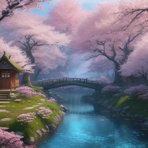 Charming Anime Village with Cherry Blossoms in 3D