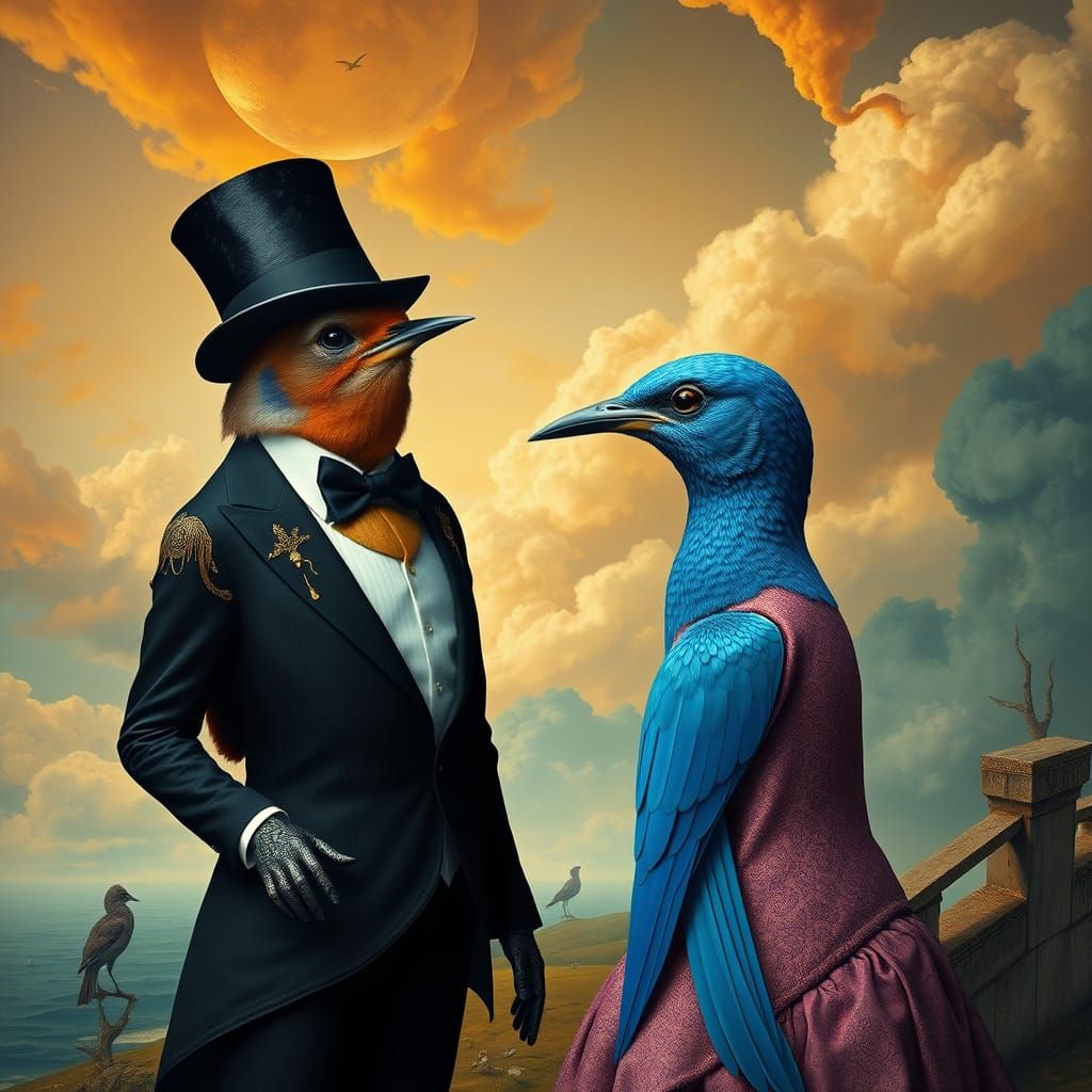 Birds in Formal Wear in Surreal Dreamscape