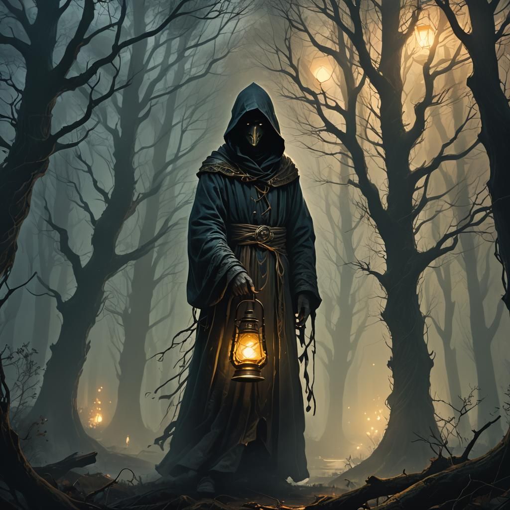 Eerie Hooded Figure in Misty Forest Concept Art