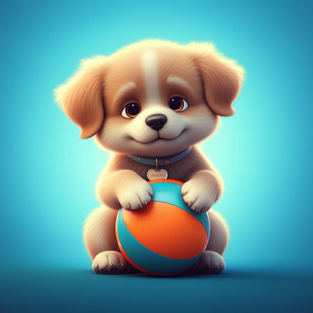 Adorable Puppy Hugs Vibrant Ball in Whimsical Pixar-Inspired...