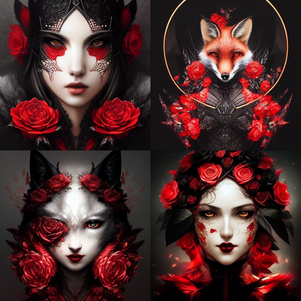 Fox with Roses and Intricate Breastplate, Digital Art
