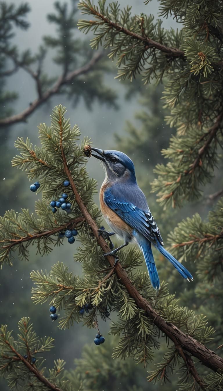 Ethereal Scrub Jay with Juniper Berries