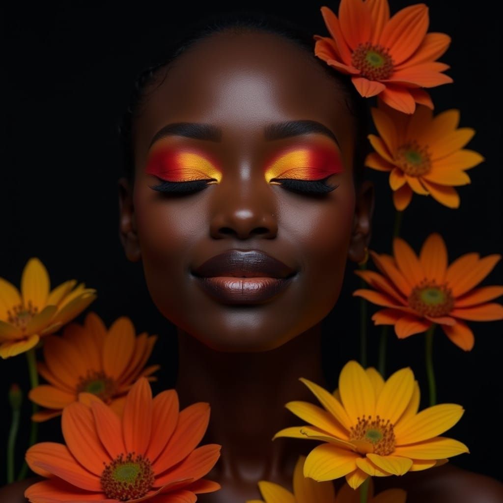 A Dark Skinned Woman in Vibrant Sunset Makeup Smiles Among A...