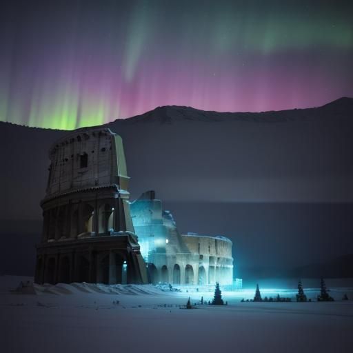 Aurora Borealis Shines Over Icy Colosseum Ruins