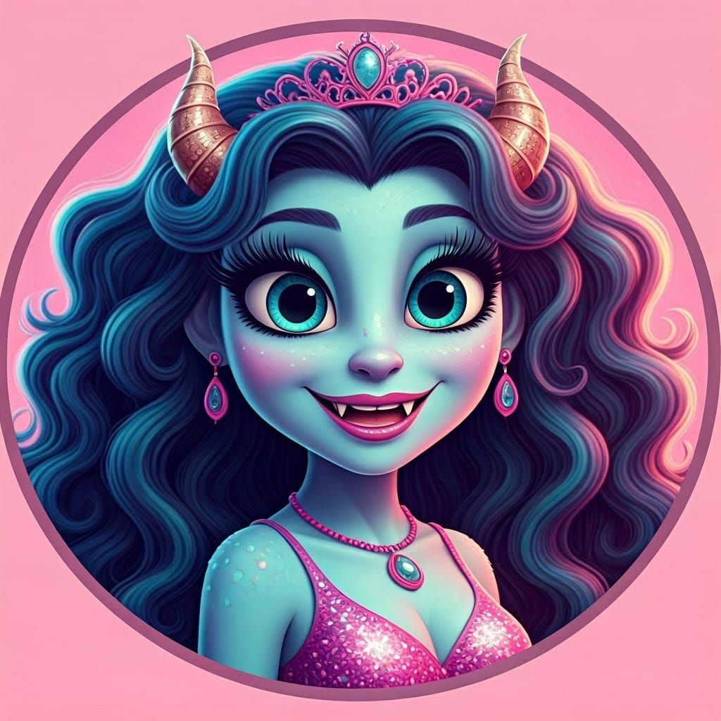 Vibrant Female Cartoon Monster with Glowing Turquoise Eyes