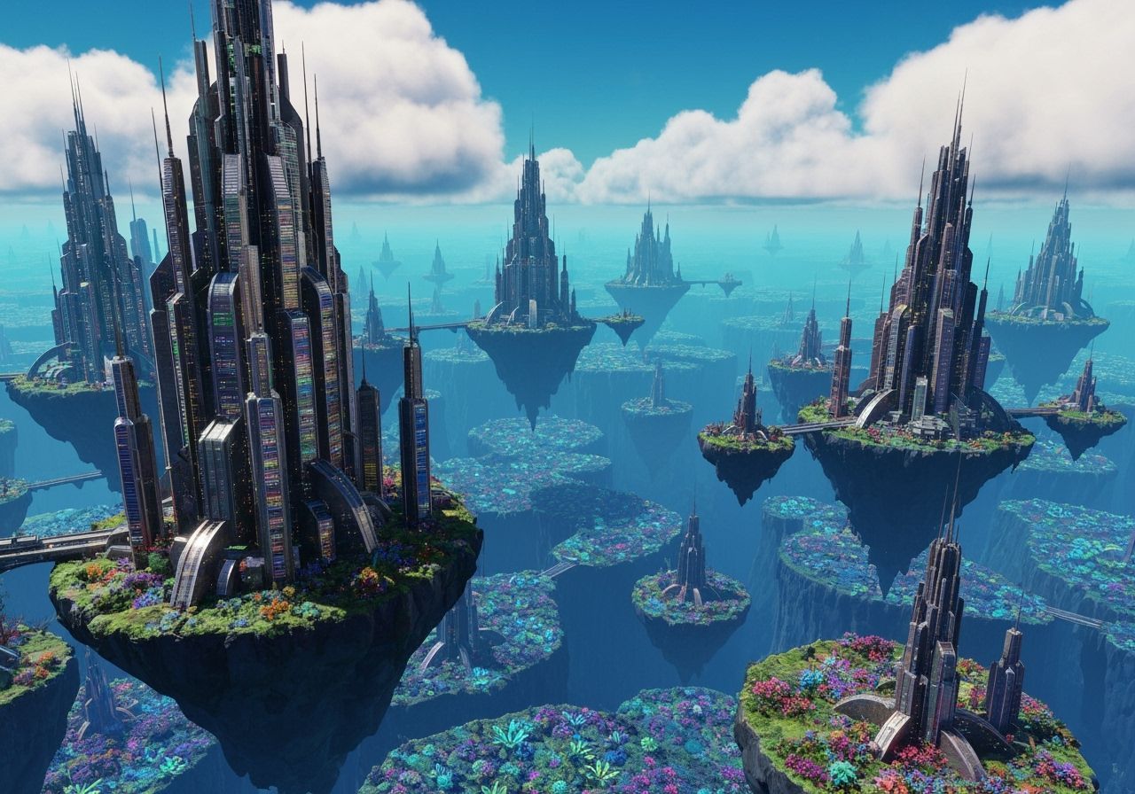 Alien City Vista with Bioluminescent Flora in Art Deco Style