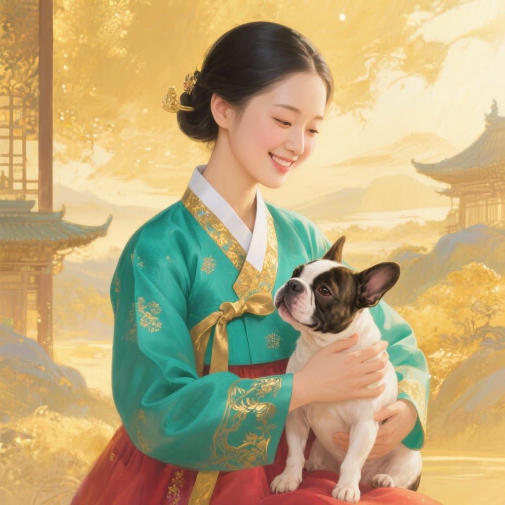 Korean Woman in Turquoise Hanbok with Puppy