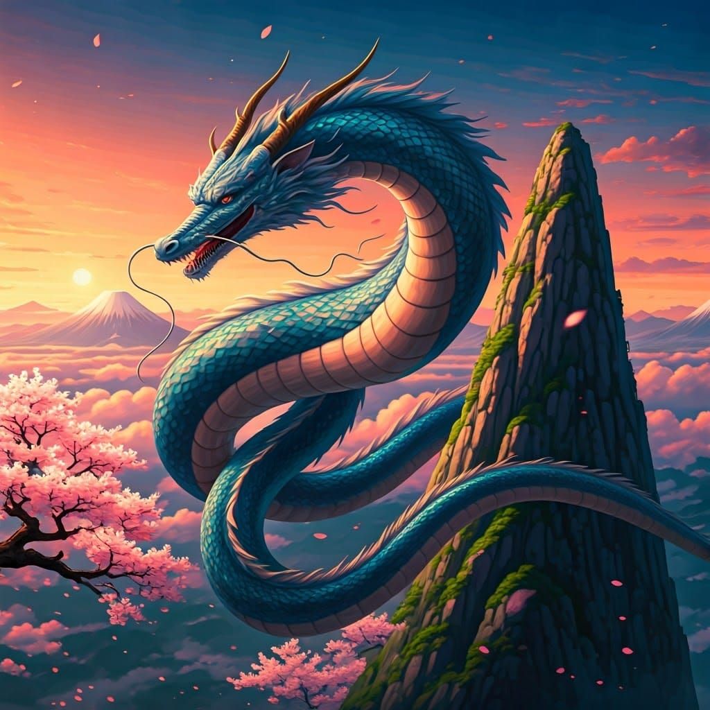 Whimsical Dragon in Miyazaki-Inspired Sunset Landscape