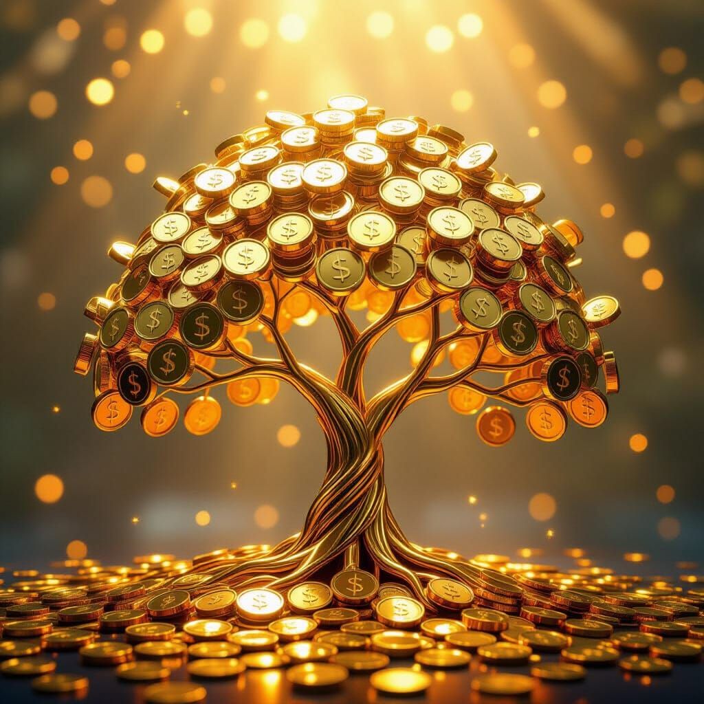 Golden Money Tree Made of Coins in Ethereal Light