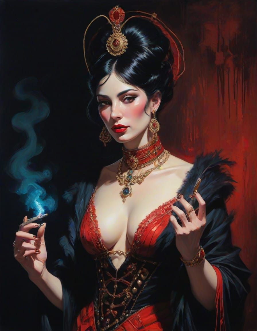 Cyberpunk Goddess Smokes Cigar in Neon Hues