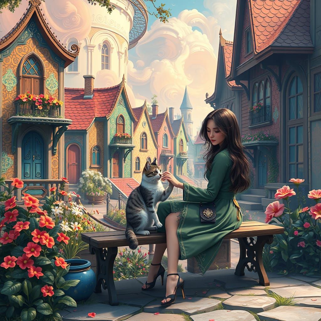 A woman sits on a bench, gently petting a cat, surrounded by...