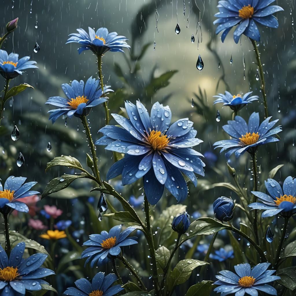 Raindrops on Blue Flower: Detailed Fantasy Art