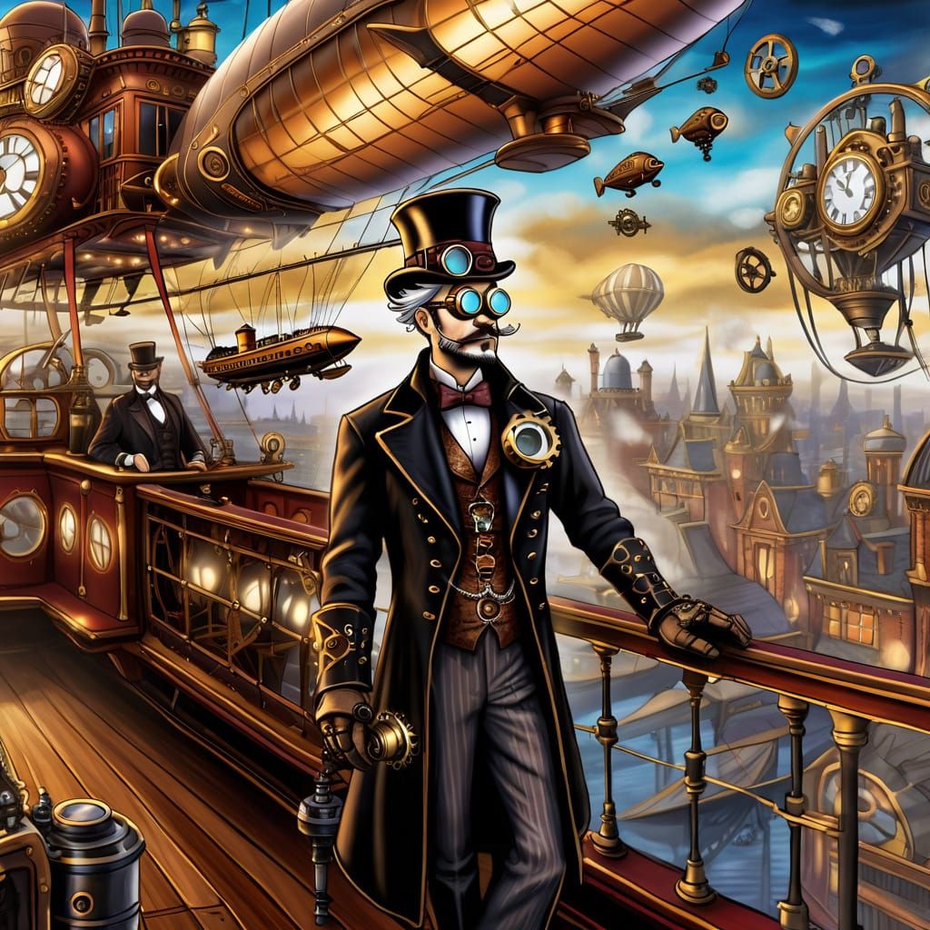 Steampunk Airship Captain Surveys Cabaret City in Airbrush S...