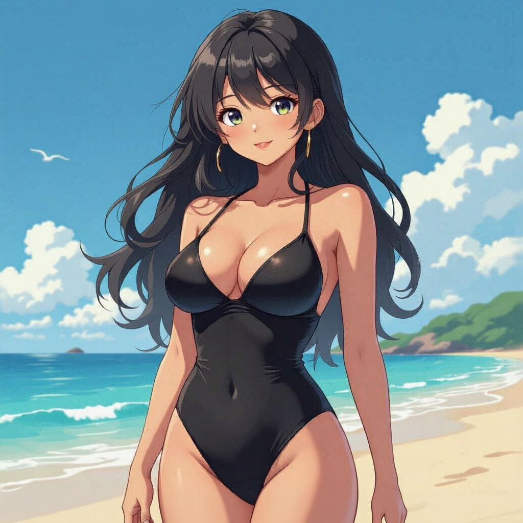 Anime Girl on Beach in Futuristic Style