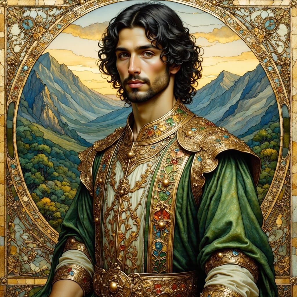 Medieval Man in Stained Glass, Art Nouveau Style