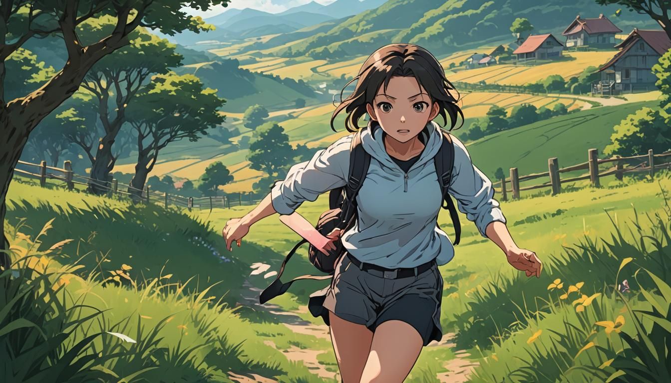 Anime Girl Exercising in Countryside, Cel-Shaded Manga