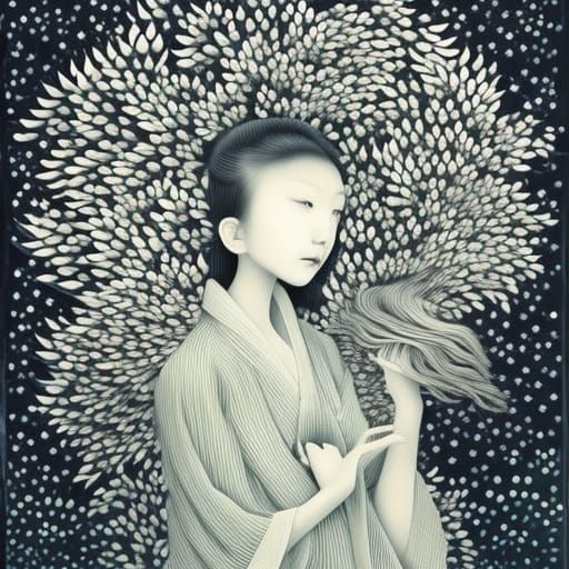 Woman in Sun and Moon Clouds: Fairytale Kirie Art